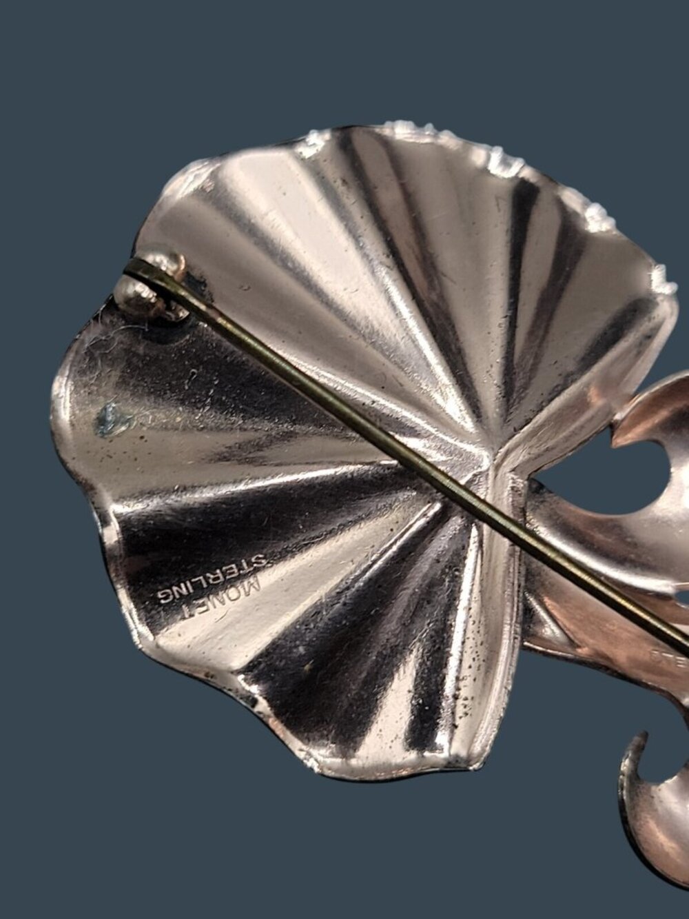 Rare 1940s Vintage MONET STERLING Silver Rose Gold Vermeil Retro Fan Brooch Pin - Picture 6 of 7